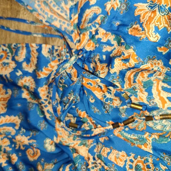 Free People size S Satin Mini Flare Dress Printed Arzel Draped long Sleeve - Picture 7 of 9